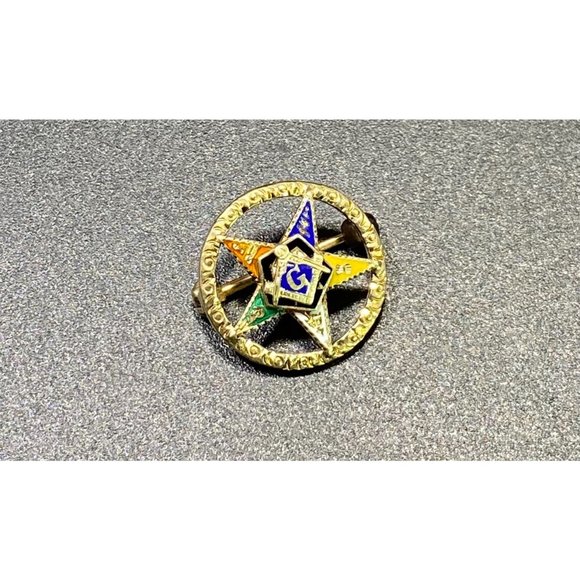 Eastern Star Patron Symbol Masonic 14k Lapel Pin Brooch Round Enamel 5/8 in - Picture 6 of 8